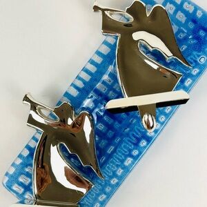 Vintage Christmas Chrome Mantle Stocking Holder Angel with Horn - 2